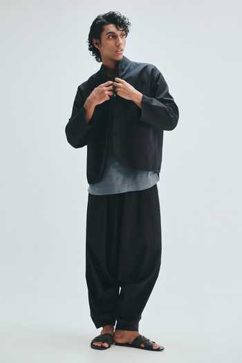Saphed_Black Cotton, Linen Kohl Mandarin Collar Jacket _at_Aza_Fashions