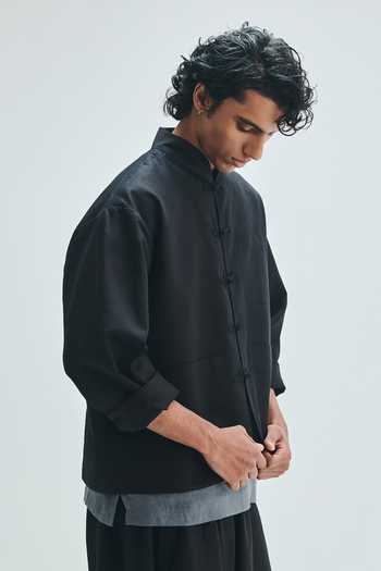 Buy_Saphed_Black Cotton, Linen Kohl Mandarin Collar Jacket 