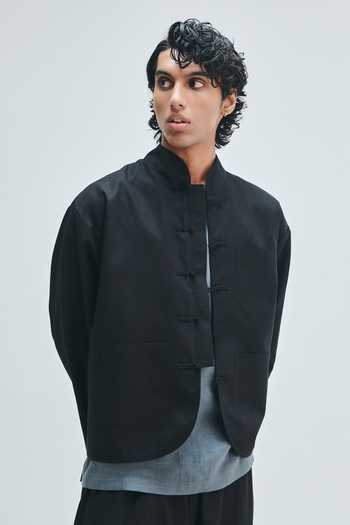Shop_Saphed_Black Cotton, Linen Kohl Mandarin Collar Jacket 