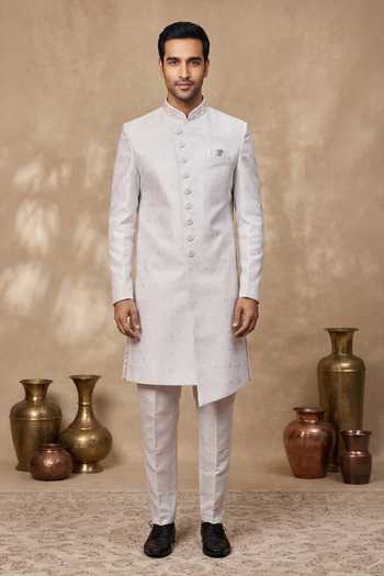 Arihant Rai Sinha_Off White Jacquard, Silk Embroidery Scallop Jaal Sherwani And Aligadhi Pant _Online_at_Aza_Fashions