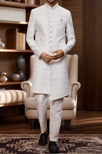 Buy_Arihant Rai Sinha_Off White Jacquard, Silk Embroidery Scallop Jaal Sherwani And Aligadhi Pant _Online_at_Aza_Fashions
