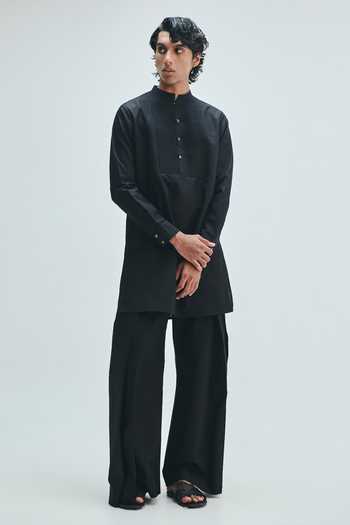 Saphed_Black Cotton, Linen Kohl Pleated Yoke Kurta _at_Aza_Fashions