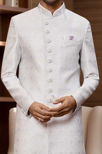 Shop_Arihant Rai Sinha_Off White Jacquard, Silk Embroidery Scallop Jaal Sherwani And Aligadhi Pant _Online_at_Aza_Fashions