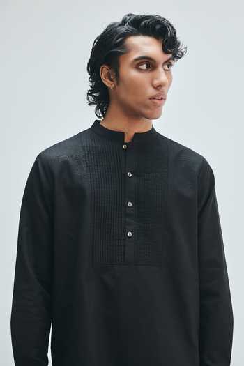 Shop_Saphed_Black Cotton, Linen Kohl Pleated Yoke Kurta 
