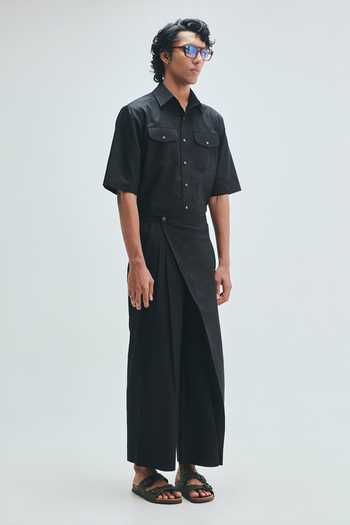 Saphed_Black Cotton, Linen Kohl Wrap Trouser _Online_at_Aza_Fashions