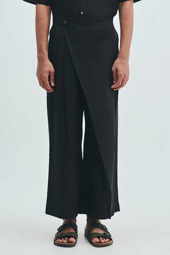 Saphed_Black Cotton, Linen Kohl Wrap Trouser _at_Aza_Fashions
