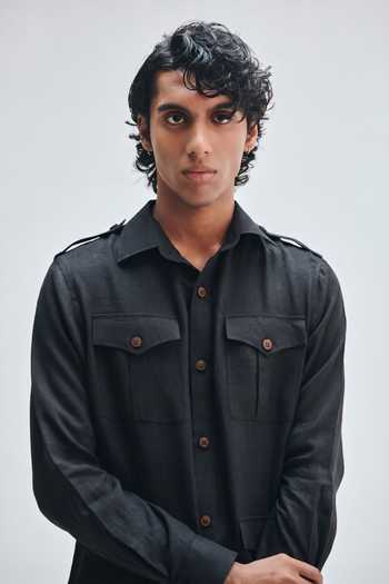 Saphed_Black Cotton, Linen Kohl Safari Overshirt And Pant Set _Online_at_Aza_Fashions