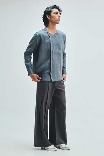 Saphed_Grey Linen Slate Side Placket Shirt _Online_at_Aza_Fashions
