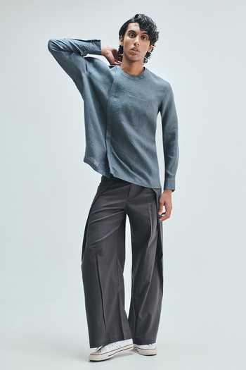 Buy_Saphed_Grey Linen Slate Side Placket Shirt _Online_at_Aza_Fashions