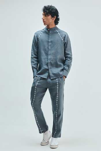 Buy_Saphed_Grey Linen Slate Embroidered Raglan Shirt And Pant Set 