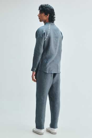 Saphed_Blue Linen Slate Embroidered Raglan Shirt _Online_at_Aza_Fashions