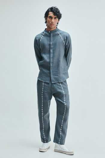 Buy_Saphed_Blue Linen Slate Embroidered Raglan Shirt _Online_at_Aza_Fashions