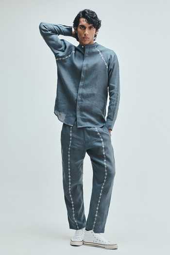Buy_Saphed_Blue Linen Slate Embroidered Raglan Shirt 