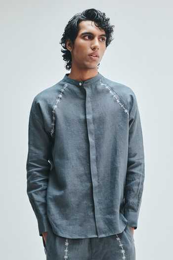 Saphed Slate Linen Embroidered Raglan Shirt 