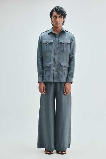 Saphed Slate Linen Safari Overshirt & Trouser Set 