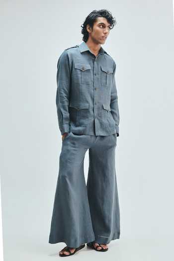 Saphed_Grey Linen Slate Safari Overshirt And Trouser Set _at_Aza_Fashions