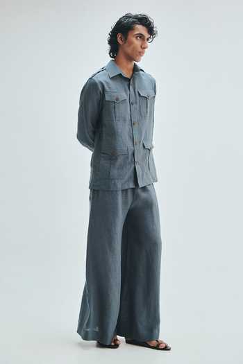 Saphed_Grey Linen Slate Safari Overshirt _Online_at_Aza_Fashions