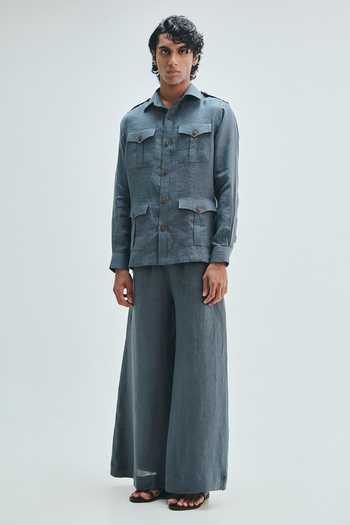 Buy_Saphed_Grey Linen Slate Safari Overshirt _Online_at_Aza_Fashions
