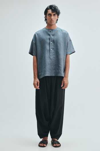 Saphed Slate Linen Half Sleeves Panelled Shirt Kurta