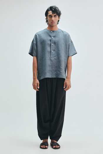 Saphed Grey Linen Slate Half Sleeves Panelled Shirt Kurta Online at Aza Fashions Saphed_Grey Linen Slate Half Sleeves Panelled Shirt Kurta _Online_at_Aza_Fashions