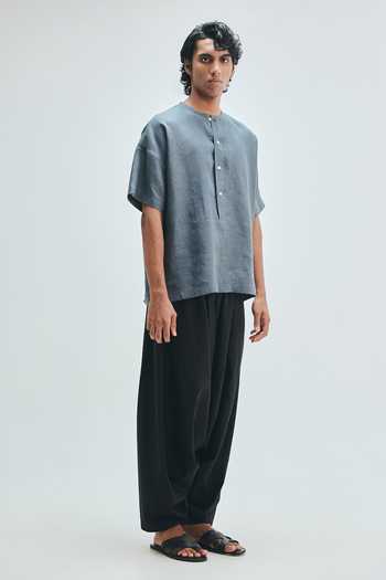 Buy Saphed Grey Linen Slate Half Sleeves Panelled Shirt Kurta Online at Aza Fashions Buy_Saphed_Grey Linen Slate Half Sleeves Panelled Shirt Kurta _Online_at_Aza_Fashions