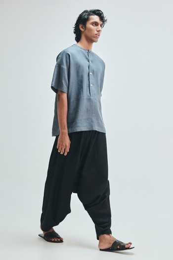 Saphed Grey Linen Slate Half Sleeves Panelled Shirt Kurta at Aza Fashions Saphed_Grey Linen Slate Half Sleeves Panelled Shirt Kurta _at_Aza_Fashions