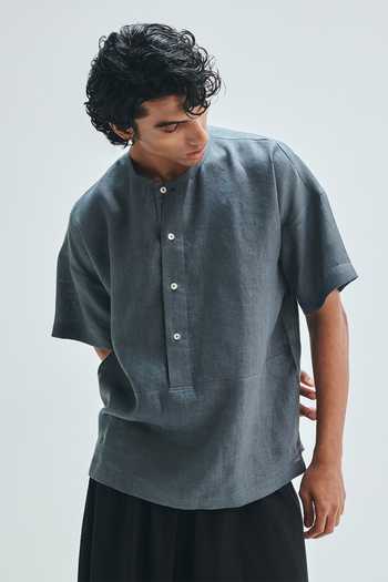 Saphed Slate Linen Half Sleeves Panelled Shirt Kurta