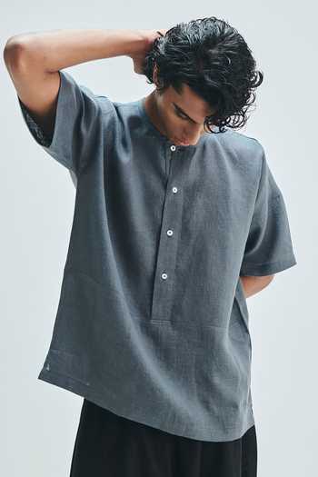Buy Saphed Grey Linen Slate Half Sleeves Panelled Shirt Kurta Buy_Saphed_Grey Linen Slate Half Sleeves Panelled Shirt Kurta