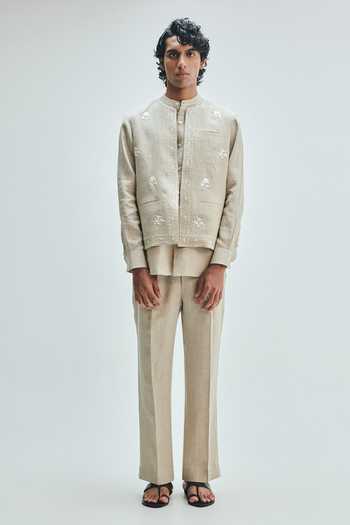 Shop Saphed Beige Linen Embroidery Undyed Collarless Nehru Jacket Set Online at Aza Fashions Shop_Saphed_Beige Linen Embroidery Undyed Collarless Nehru Jacket Set _Online_at_Aza_Fashions