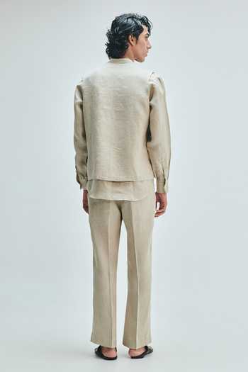 Saphed Undyed Collarless Nehru Jacket Set 