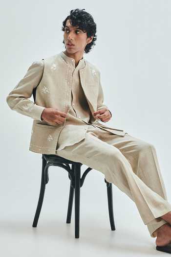 Saphed Beige Linen Embroidery Undyed Collarless Nehru Jacket Set at Aza Fashions Saphed_Beige Linen Embroidery Undyed Collarless Nehru Jacket Set _at_Aza_Fashions