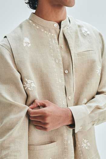 Shop Saphed Beige Linen Embroidery Undyed Collarless Nehru Jacket Set Shop_Saphed_Beige Linen Embroidery Undyed Collarless Nehru Jacket Set