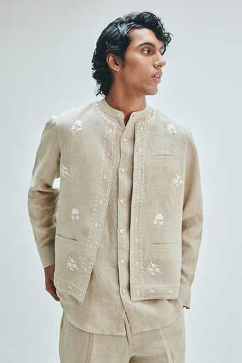 Saphed Undyed Embroidered Collarless Nehru Jacket 
