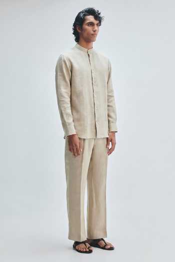 Saphed_Beige Linen Undyed Band Collar Shirt _Online_at_Aza_Fashions