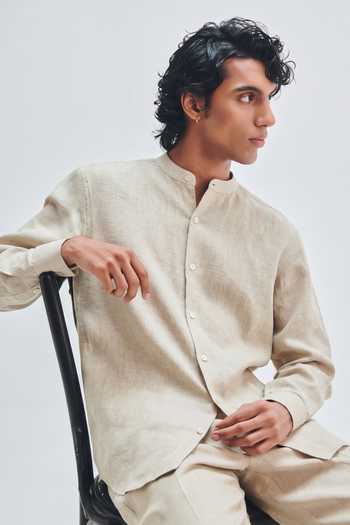 Buy_Saphed_Beige Linen Undyed Band Collar Shirt _Online_at_Aza_Fashions