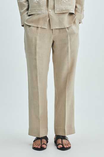 Buy Saphed Beige Linen Undyed Straight Pleated Pant Online at Aza Fashions Buy_Saphed_Beige Linen Undyed Straight Pleated Pant _Online_at_Aza_Fashions