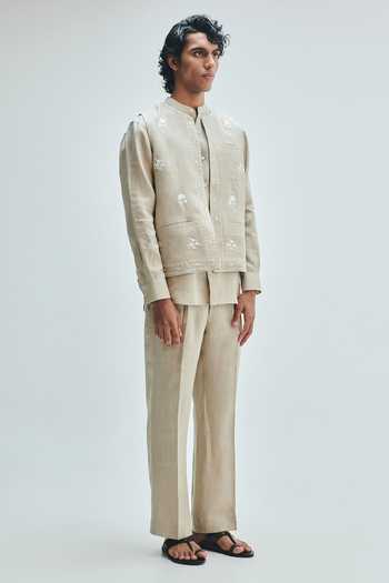 Saphed Beige Linen Undyed Straight Pleated Pant at Aza Fashions Saphed_Beige Linen Undyed Straight Pleated Pant _at_Aza_Fashions