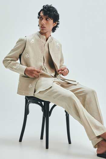 Buy Saphed Beige Linen Undyed Straight Pleated Pant Buy_Saphed_Beige Linen Undyed Straight Pleated Pant