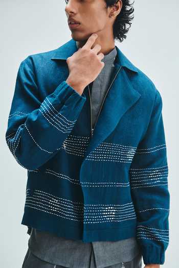 Saphed Blue Linen Indigo Kantha Jacket at Aza Fashions Saphed_Blue Linen Indigo Kantha Jacket _at_Aza_Fashions