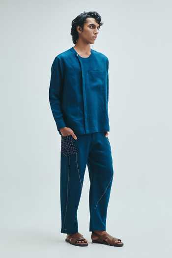 Saphed_Blue Linen Indigo Kantha Panelled Pant _Online_at_Aza_Fashions