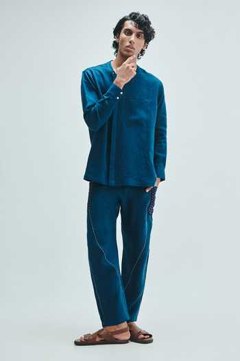 Saphed Indigo Linen Kantha Panelled Pant 