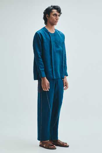 Buy_Saphed_Blue Linen Indigo Kantha Panelled Pant _Online_at_Aza_Fashions