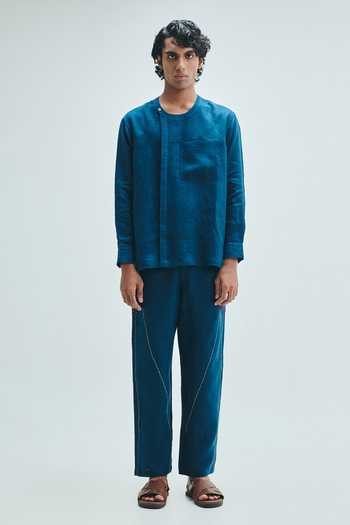 Saphed Indigo Linen Kantha Panelled Pant 