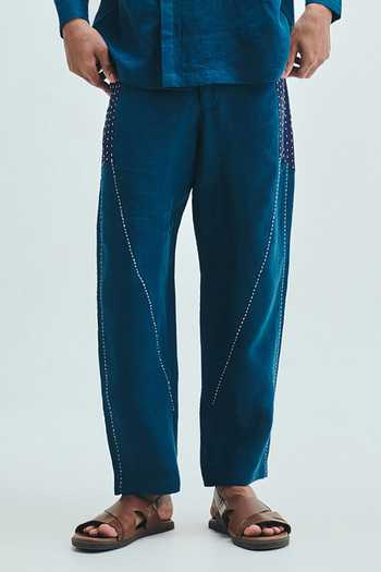 Shop_Saphed_Blue Linen Indigo Kantha Panelled Pant _Online_at_Aza_Fashions
