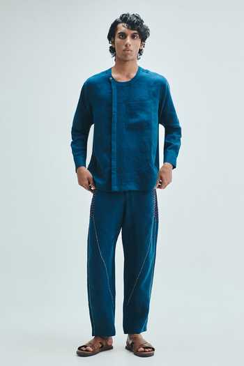 Saphed_Blue Linen Indigo Kantha Panelled Pant _at_Aza_Fashions