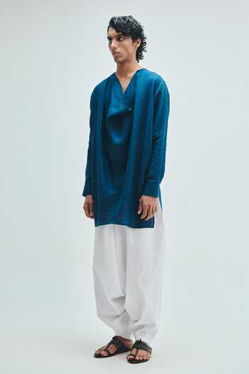 Saphed_Blue Linen Indigo Cowl Neck Kurta _Online_at_Aza_Fashions