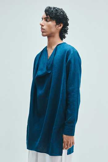 Buy_Saphed_Blue Linen Indigo Cowl Neck Kurta _Online_at_Aza_Fashions