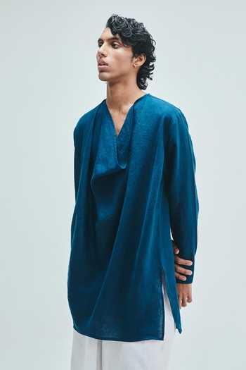 Saphed Indigo Linen Cowl Neck Kurta 