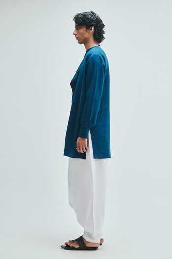 Shop_Saphed_Blue Linen Indigo Cowl Neck Kurta _Online_at_Aza_Fashions
