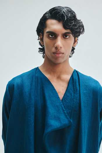 Saphed_Blue Linen Indigo Cowl Neck Kurta _at_Aza_Fashions